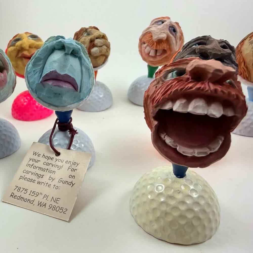 Hand-Carved Golf balls Folk Art Character Sculptures (8-Piece Collection)
